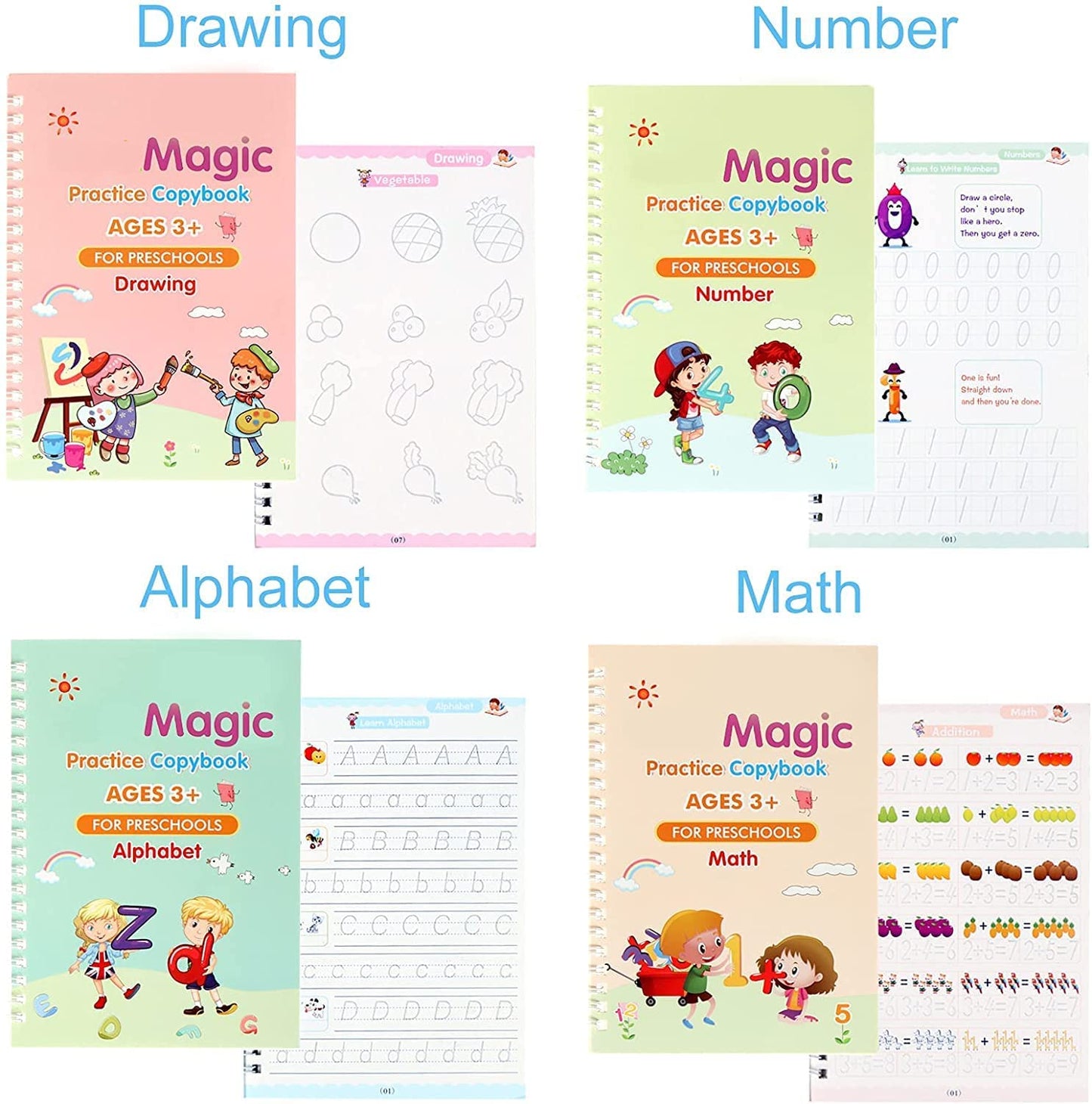 🎓 TraceBloom Kids Writing Kit (4 Book + 10 Refill) , Self-Fading Magic Ink Handwriting Copybook , Complete Learn-to-Write Set for Boys & Girls 3–7 Years.